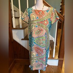 Talbots Silk Coastal Paisley Shift Dress Sz 8 Coral/Teal/Lime Lined